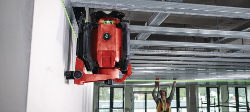 Niveliranje rotacijskim laserom s jednim nagibom i zelenom zrakom PR 40G-22 Robusno unutarnje niveliranje rotacijskim laserom s iznimno vidljivom zelenom zrakom i automatskim funkcijama za niveliranje, poravnavanje, ukošavanje i kvadriranje (platforma Nuron) Primjene 1
