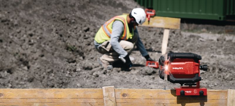 Niveliranje rotacijskim laserom s jednim nagibom PR 40-22 Robusno vanjsko niveliranje rotacijskim laserom s automatskim funkcijama za niveliranje na velikim udaljenostima, svrstavanje, rad pod nagibom i kvadriranje (baterijska platforma Nuron) Primjene 1