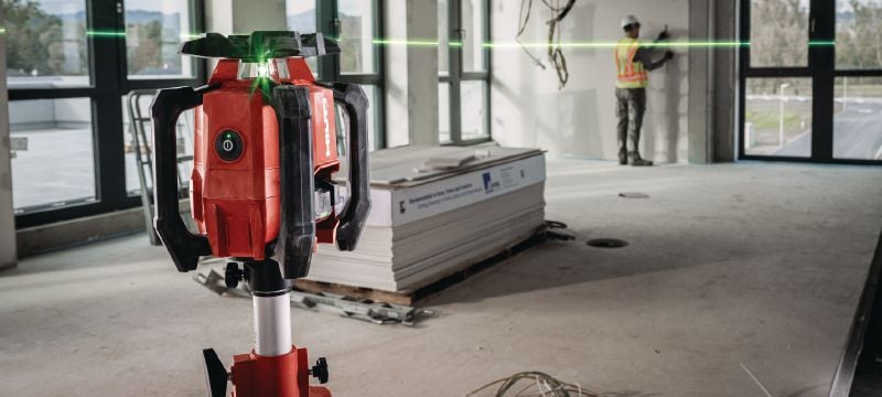 Niveliranje rotacijskim laserom s jednim nagibom i zelenom zrakom PR 40G-22 Robusno unutarnje niveliranje rotacijskim laserom s iznimno vidljivom zelenom zrakom i automatskim funkcijama za niveliranje, poravnavanje, ukošavanje i kvadriranje (platforma Nuron) Primjene 1
