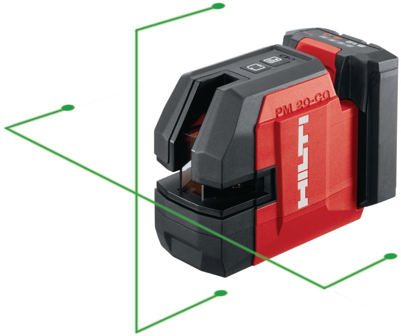 Križni linijski laser s viskom PM 20-CG 12 V Kombinirani laser sa zelenim snopom te 2 linije i 4 točke za vodovodne instalacije, niveliranje, poravnavanje i kvadriranje (baterijska platforma od 12 V)