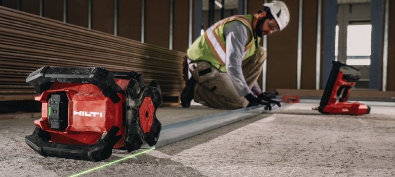 Niveliranje rotacijskim laserom s jednim nagibom i zelenom zrakom PR 40G-22 Robusno unutarnje niveliranje rotacijskim laserom s iznimno vidljivom zelenom zrakom i automatskim funkcijama za niveliranje, poravnavanje, ukošavanje i kvadriranje (platforma Nuron) Primjene 1